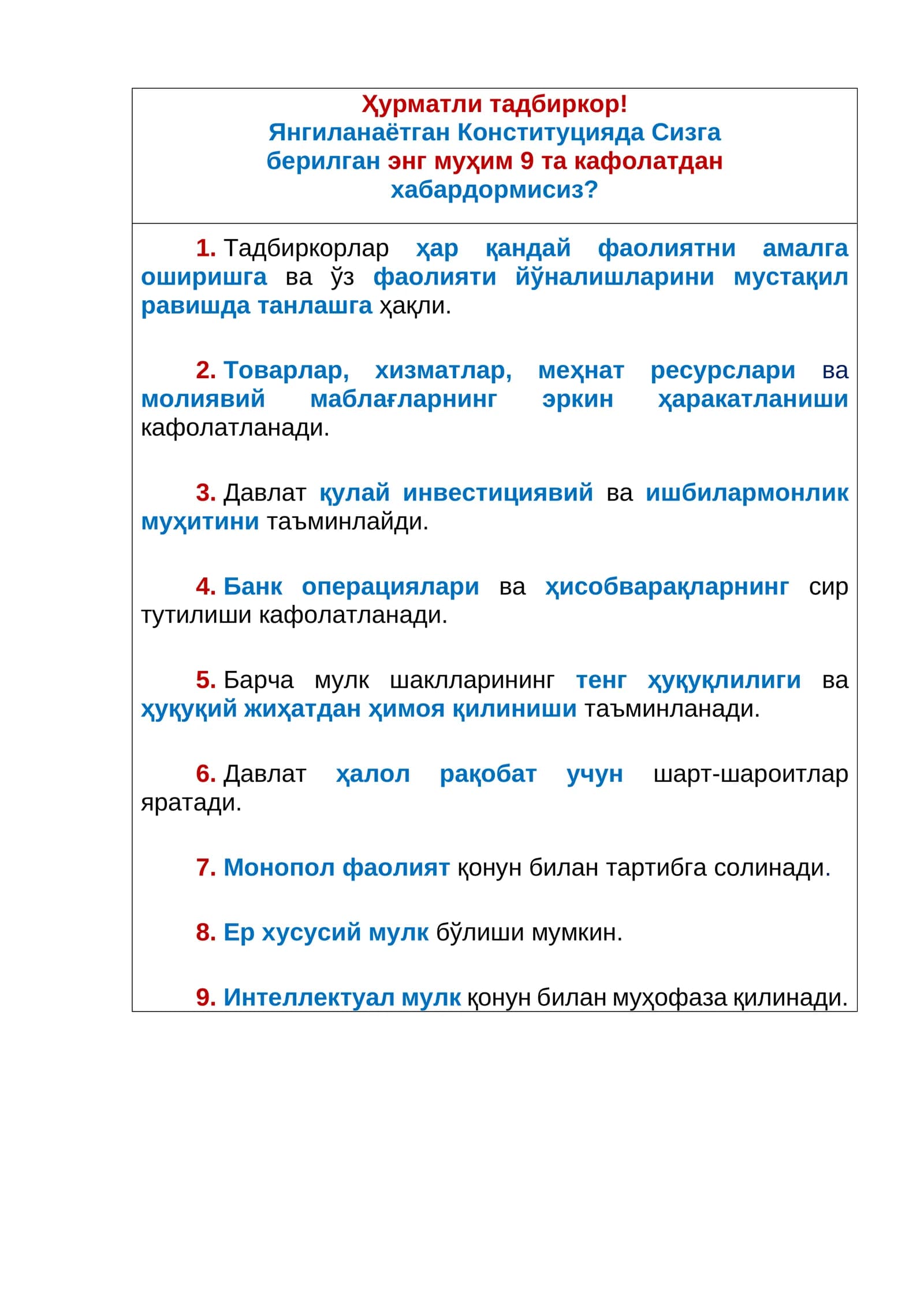 Янгиланаётган Конституцияда Сизга берилган энг муҳим 9та кафолат