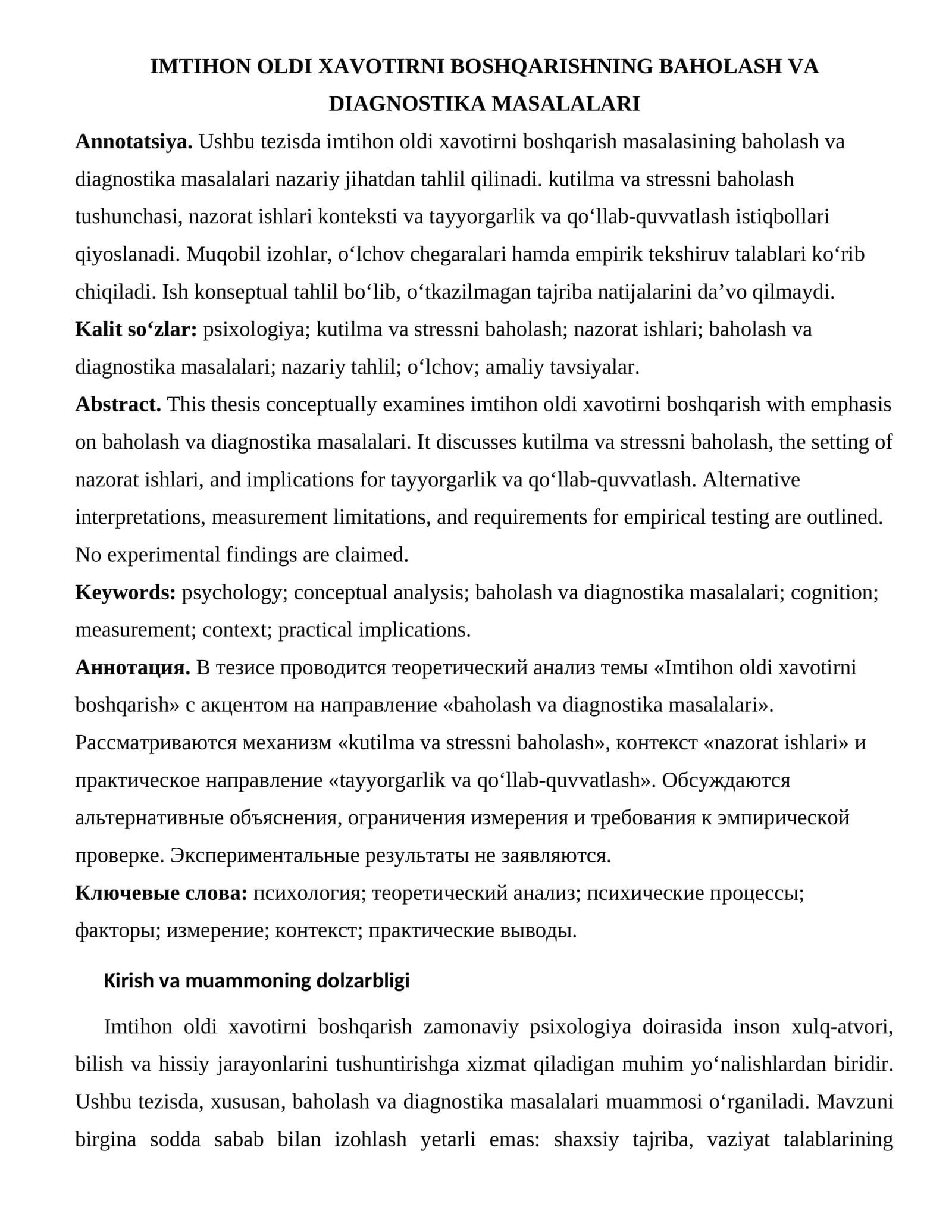 Baholash va diagnostika masalalari
