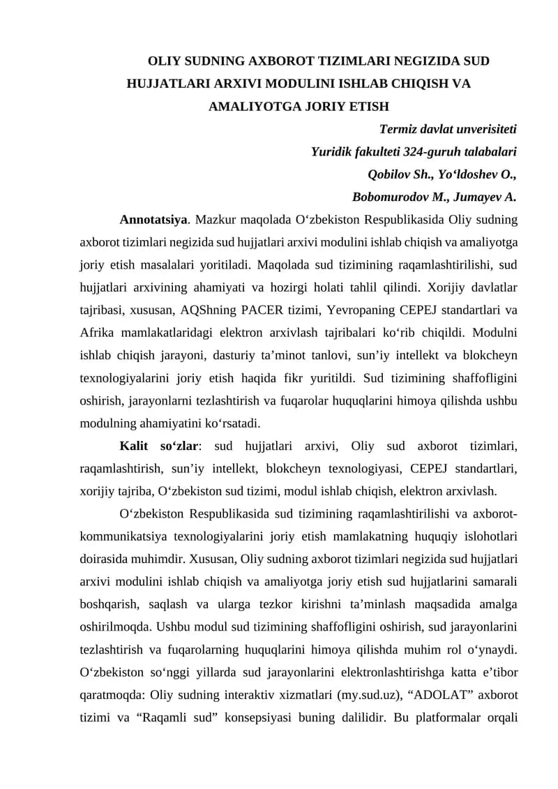 OLIY SUDNING AXBOROT TIZIMLARI NEGIZIDA SUD HUJJATLARI ARXIVI MODULI
