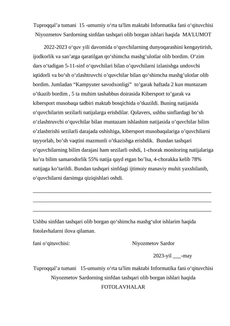 Informatika fani o‘qituvchisi Niyozmetov Sardor