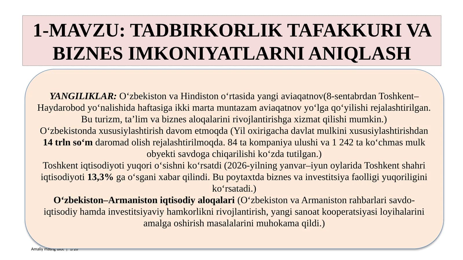 TADBIRKORLIK TAFAKKURI VA BIZNES IMKONIYATLARNI ANIQLASH