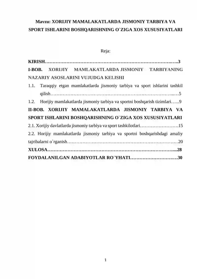 XORIJIY MAMALAKATLARDA JISMONIY TARBIYA VA SPORT ISHLARINI BOSHQARISHNING O`ZIGA XOS XUSUSIYATLARI