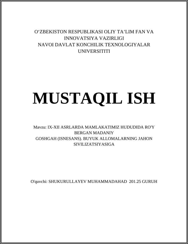 IX-XII ASRLARDA MAMLAKATIMIZ HUDUDIDA RO'Y BERGAN MADANIY GOSHGAH (ISNESANS)