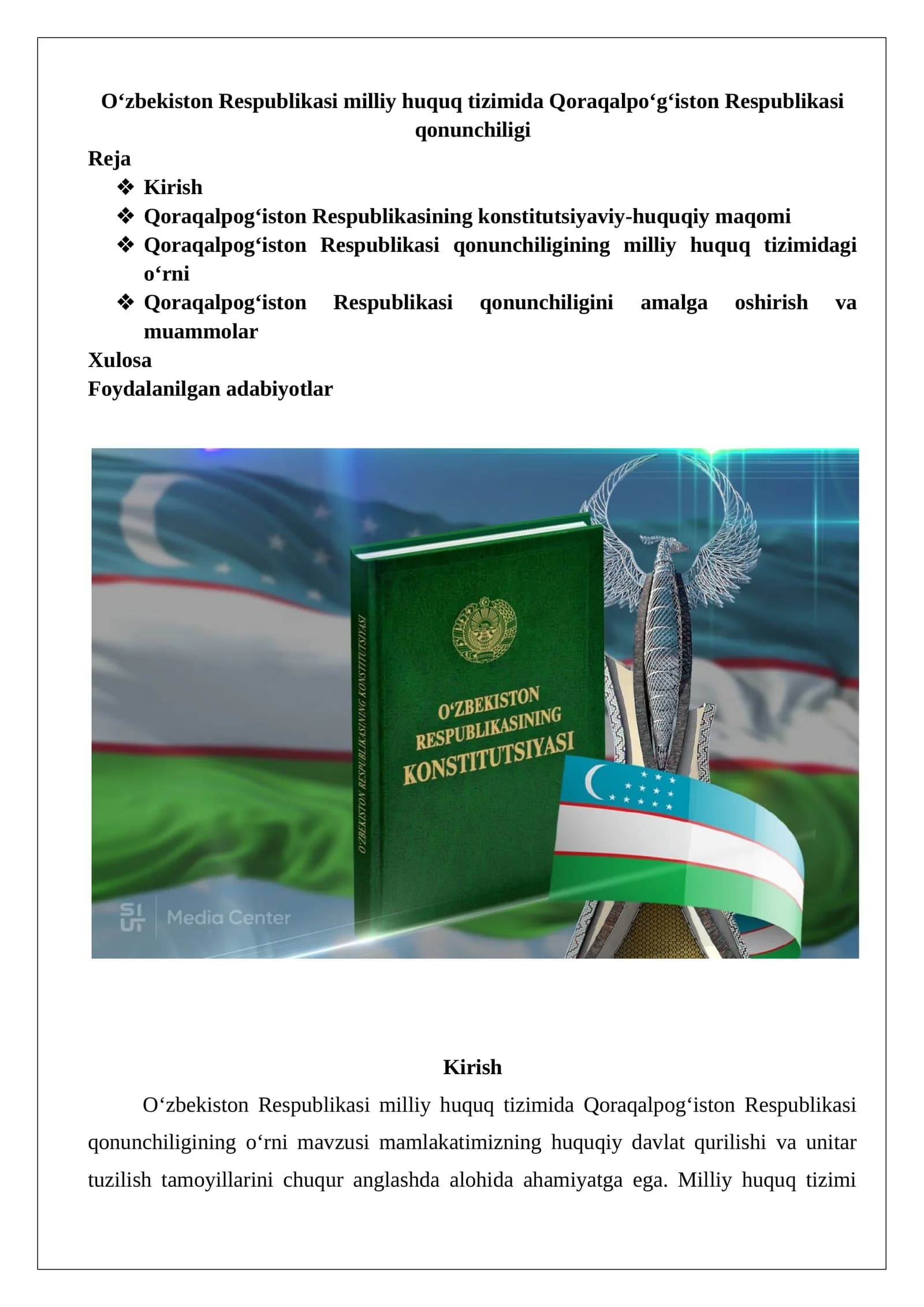 O‘zbekiston Respublikasi milliy huquq tizimida Qoraqalpo‘g‘iston Respublikasi qonunchiligi