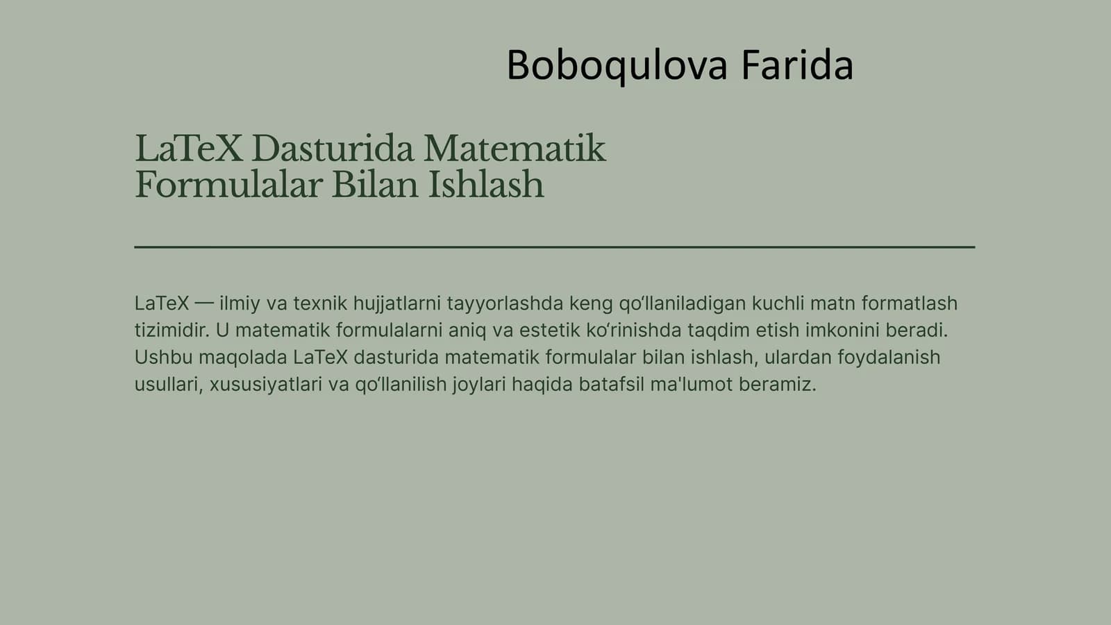LaTeX Dasturida Matematik Formulalar Bilan Ishlash