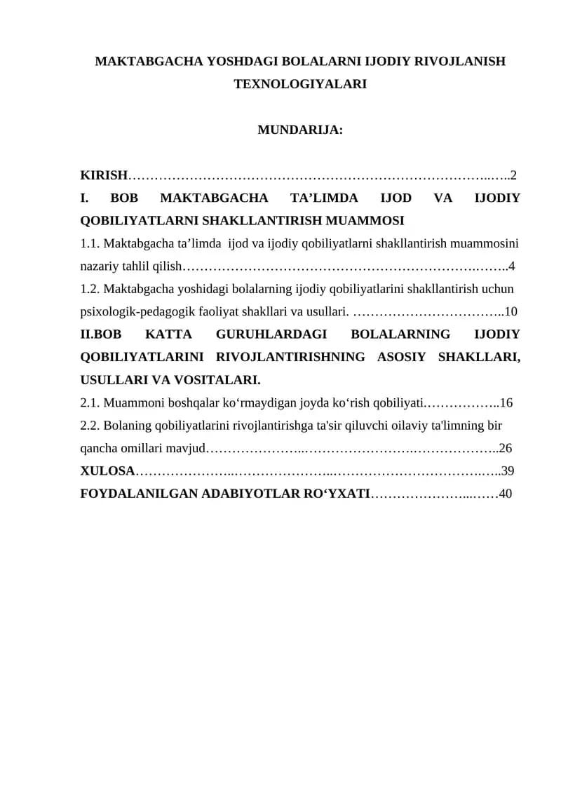 MAKTABGACHA YOSHDAGI BOLALARNI IJODIY RIVOJLANISH TEXNOLOGIYALARI