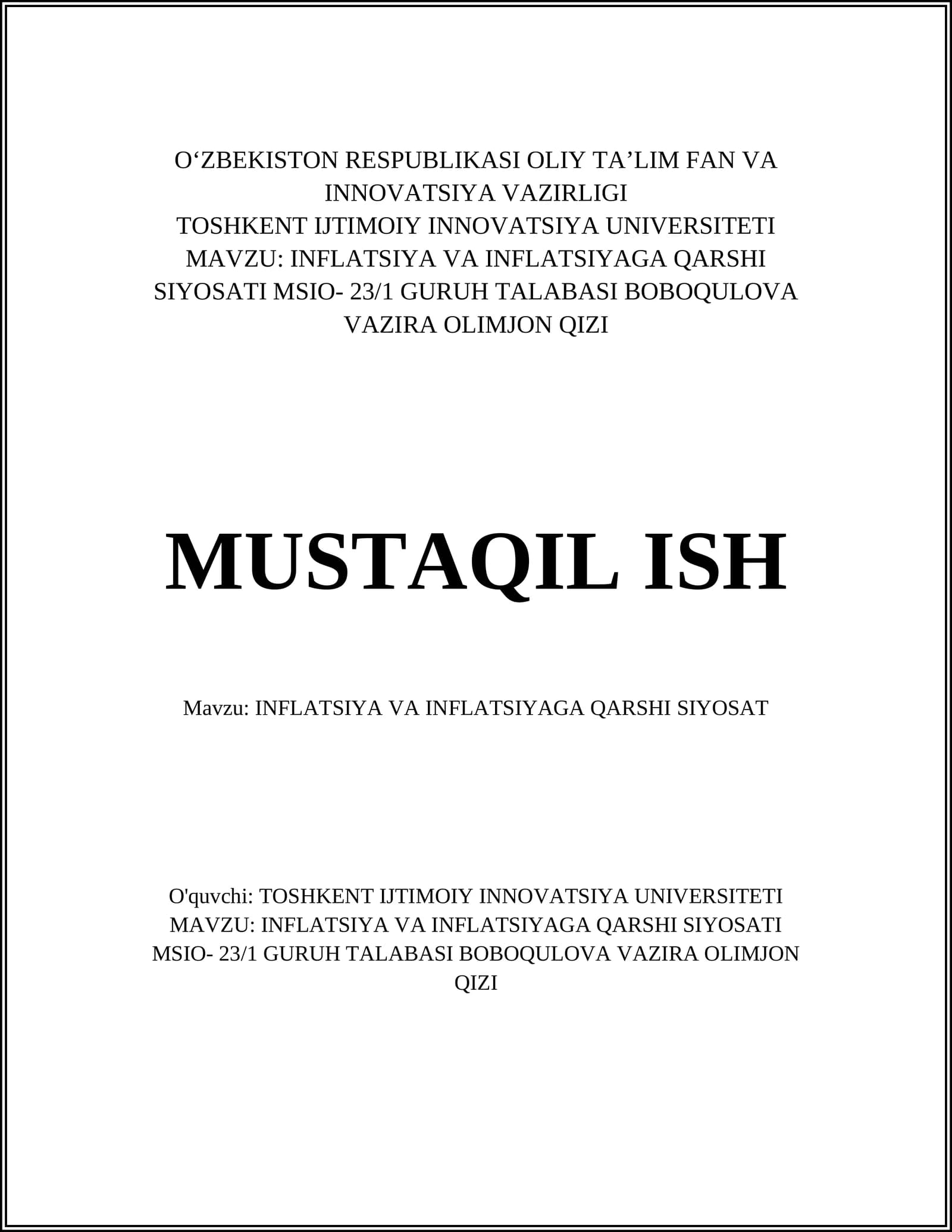 INFLATSIYA VA INFLATSIYAGA QARSHI SIYOSAT