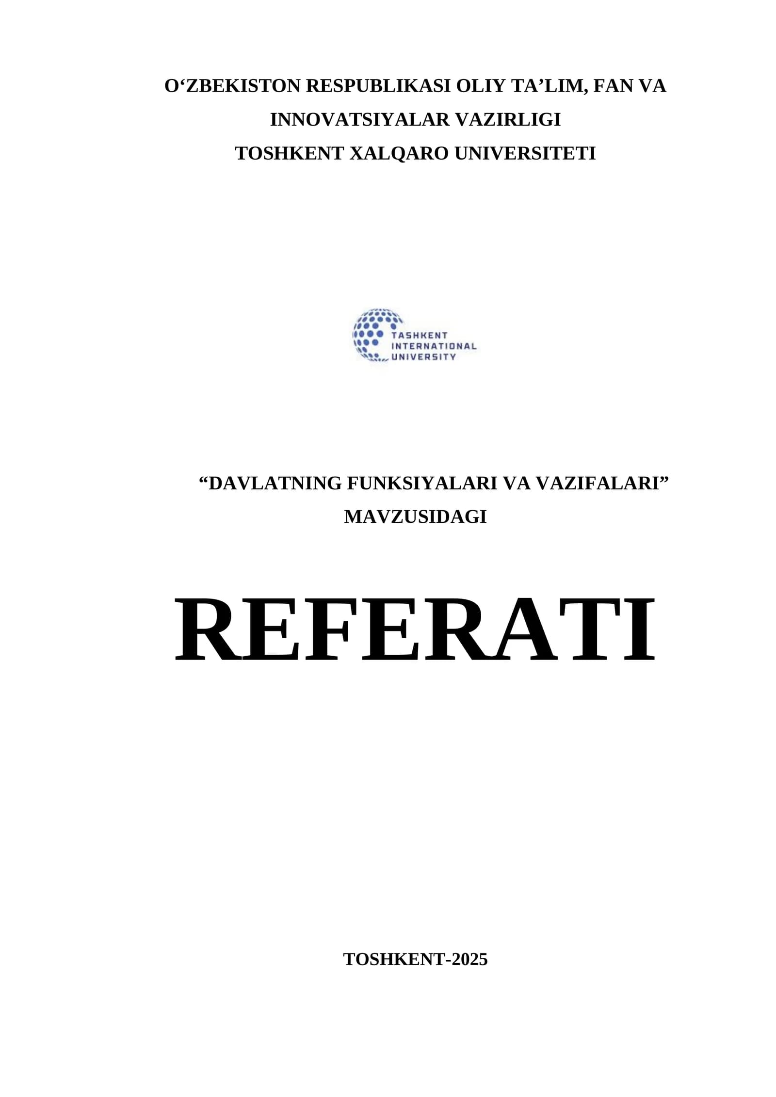 Davlatning Funksiyalari va Vazifalari Referati