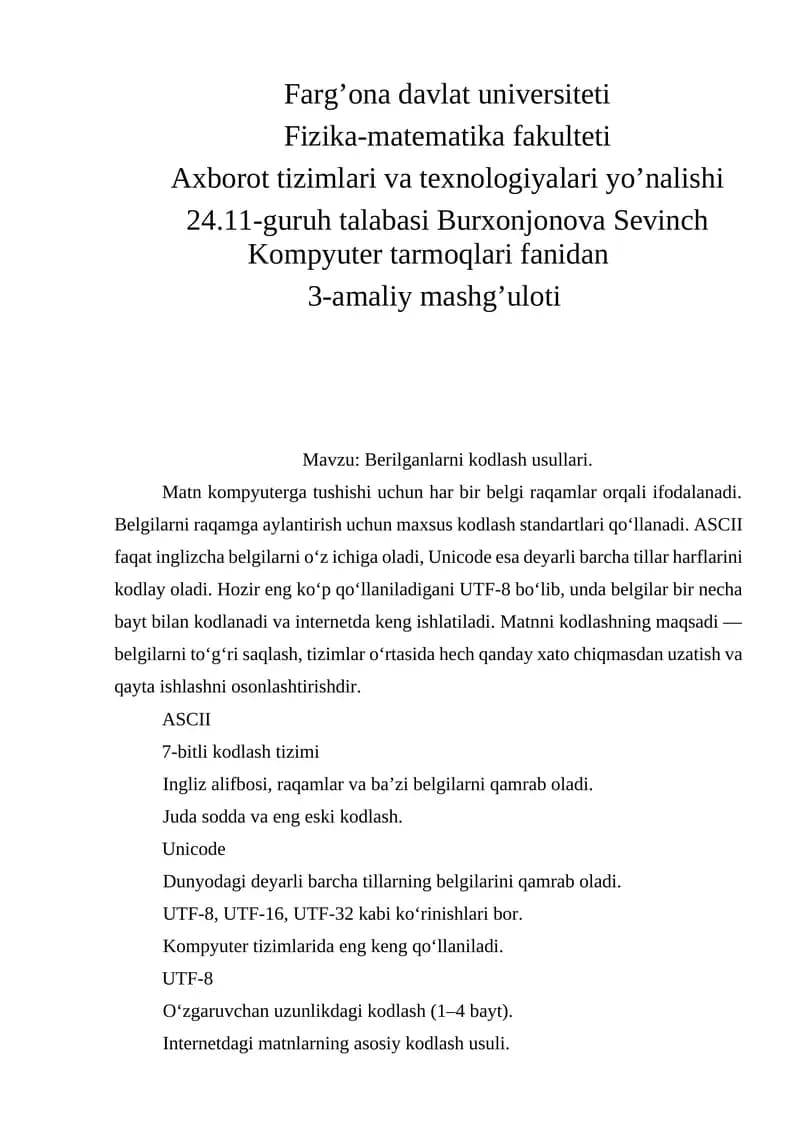 Berilganlarni kodlash usullari