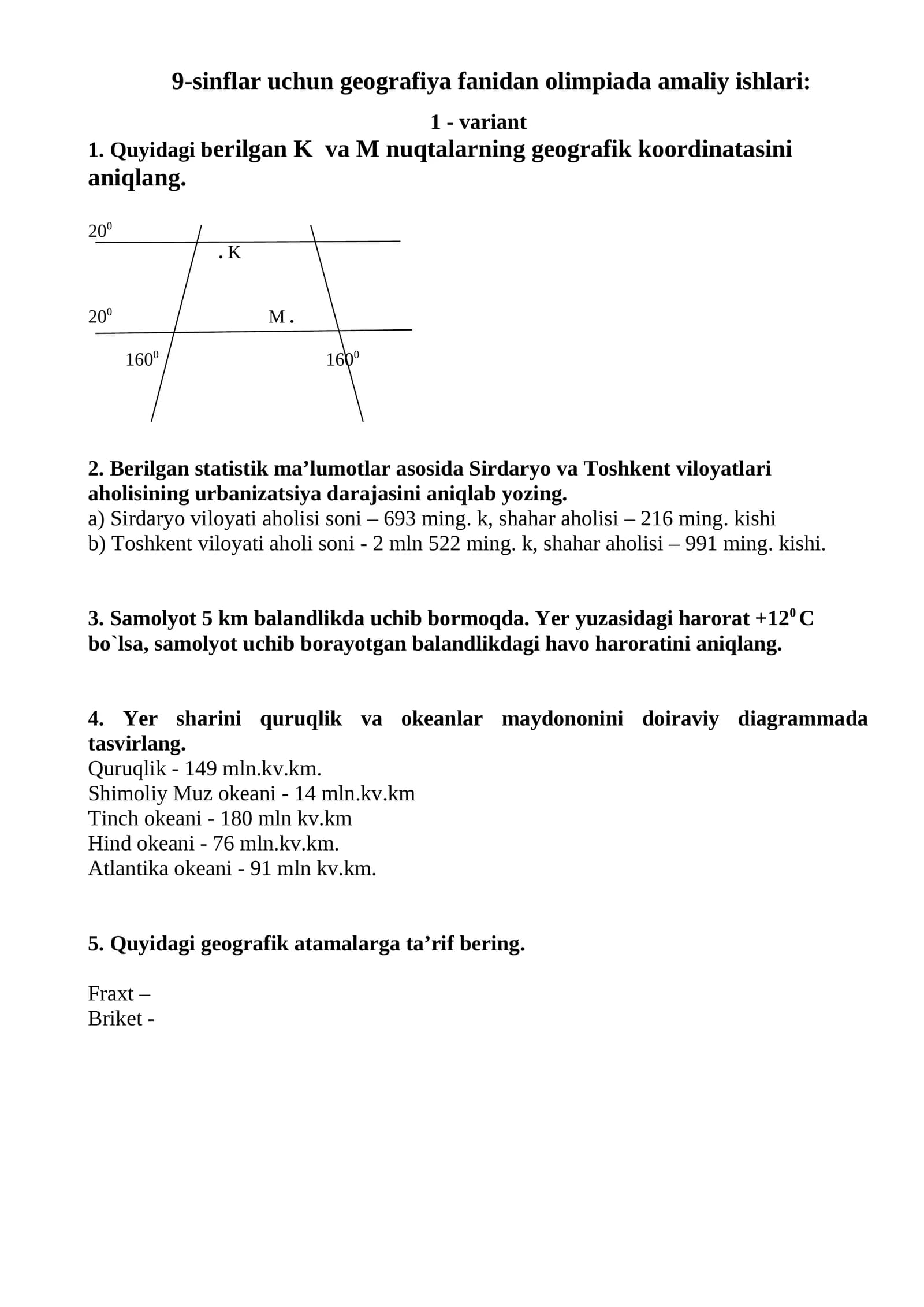 9-sinflar uchun geografiya fanidan olimpiada amaliy ishlari
