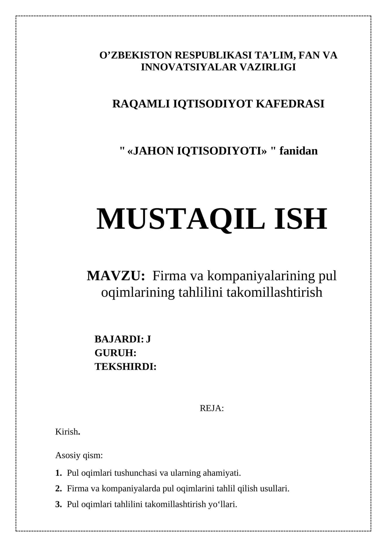 Firma va kompaniyalarining pul oqimlarining tahlilini takomillashtirish