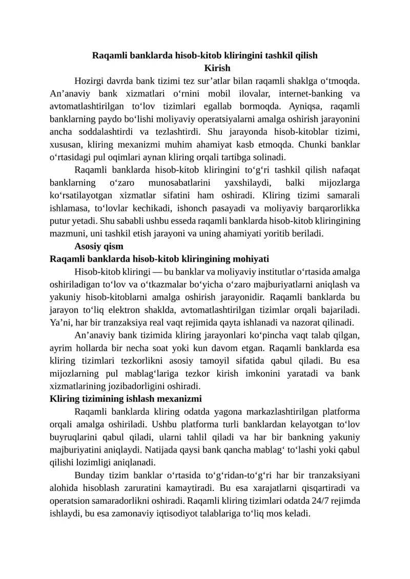 Raqamli banklarda hisob-kitob kliringini tashkil qilish