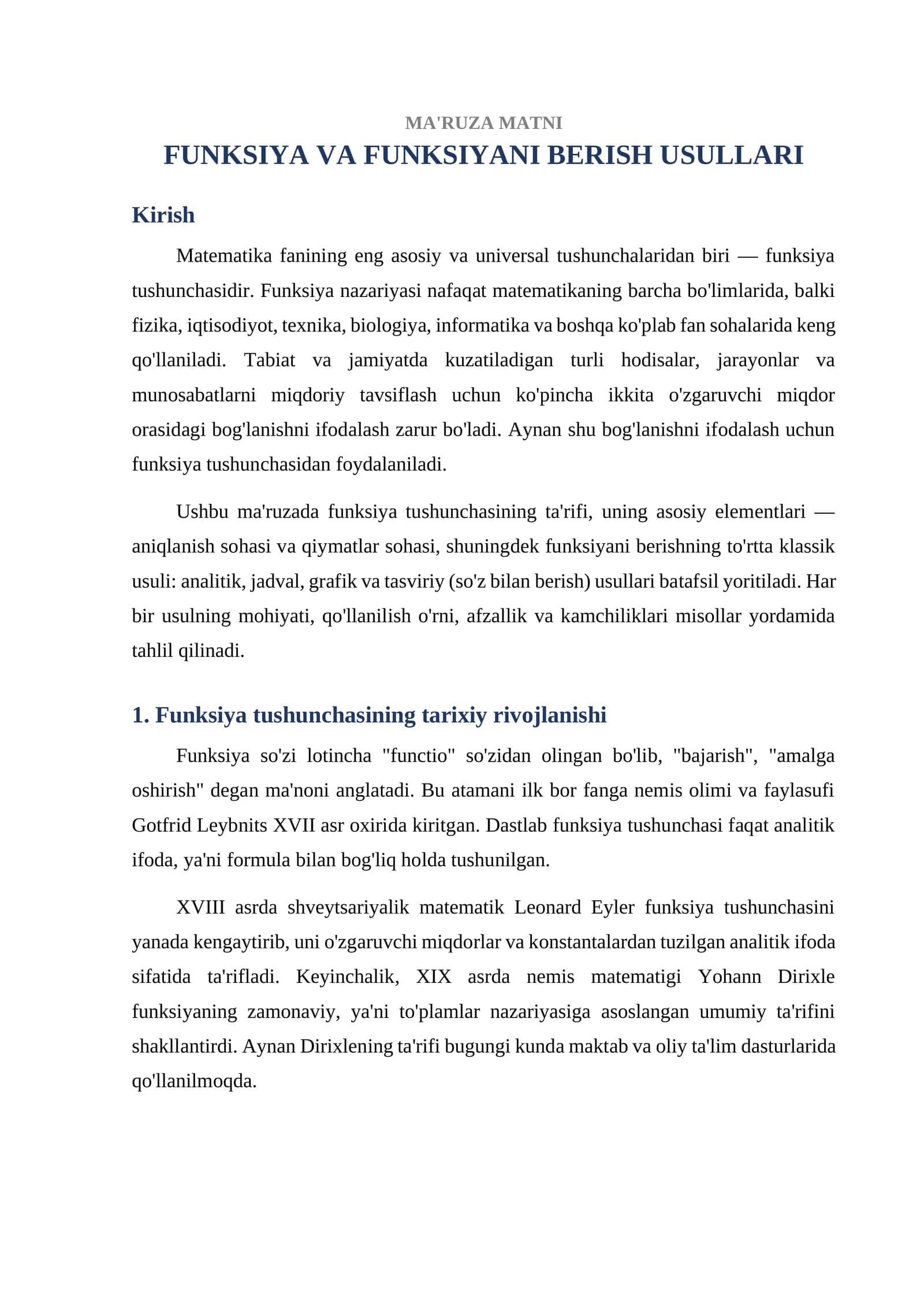 FUNKSIYA VA FUNKSIYANI BERISH USULLARI