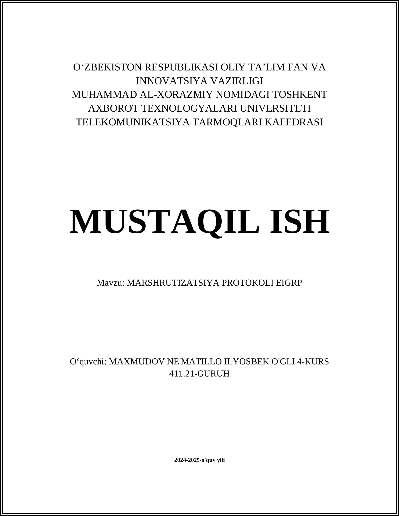 MARSHRUTIZATSIYA PROTOKOLI EIGRP