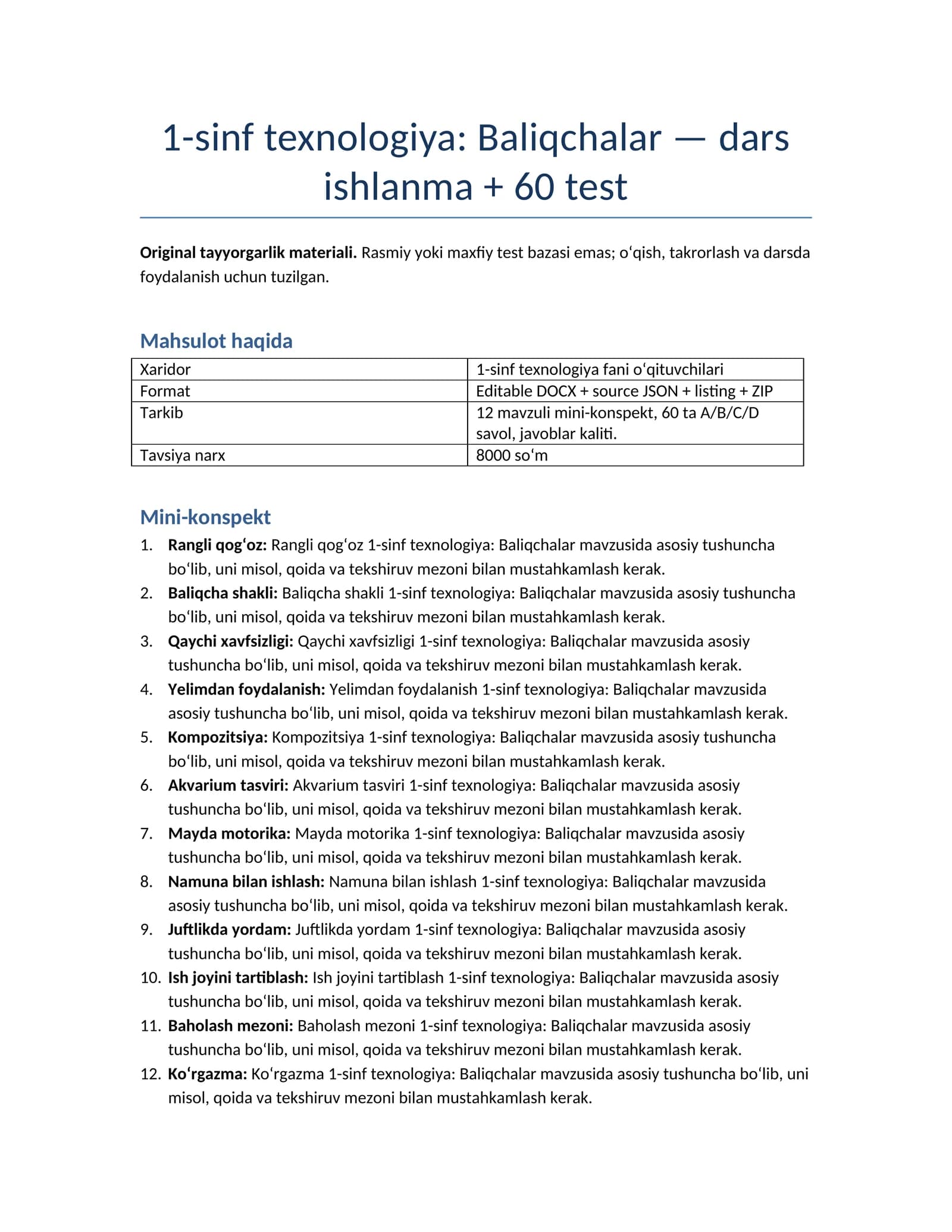 1-sinf texnologiya: Baliqchalar — dars ishlanma + 60 test