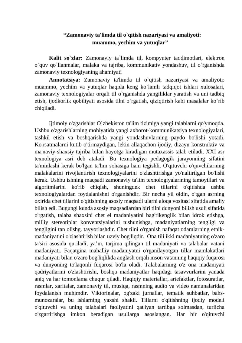 MAQOLA Zamonaviy ta'limda til o`qitish nazariyasi va amaliyoti muammo, yechim va yutuqlar