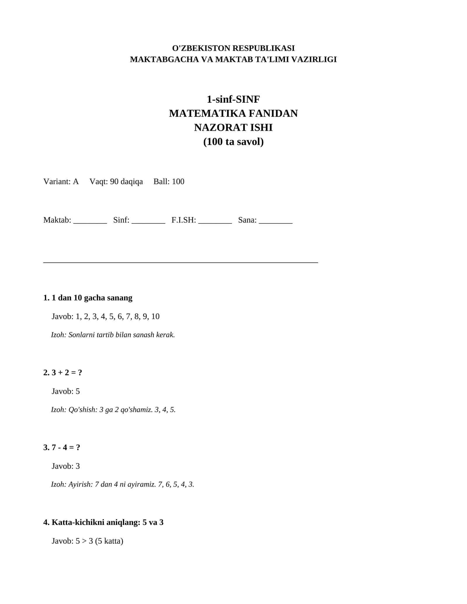 1-sinf-SINF MATEMATIKA FANIDAN NAZORAT ISHI