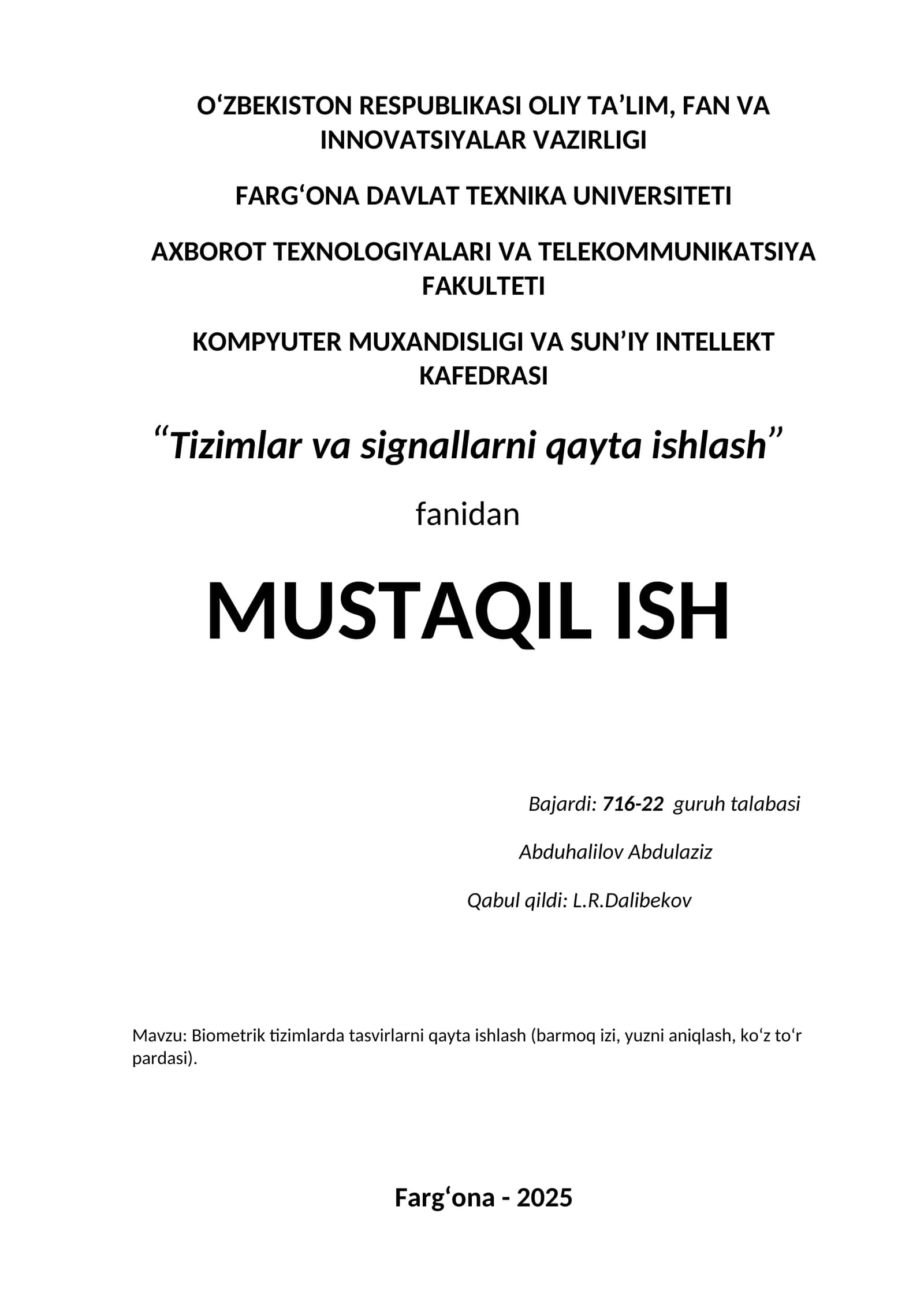 Biometrik tizimlarda tasvirlarni qayta ishlash