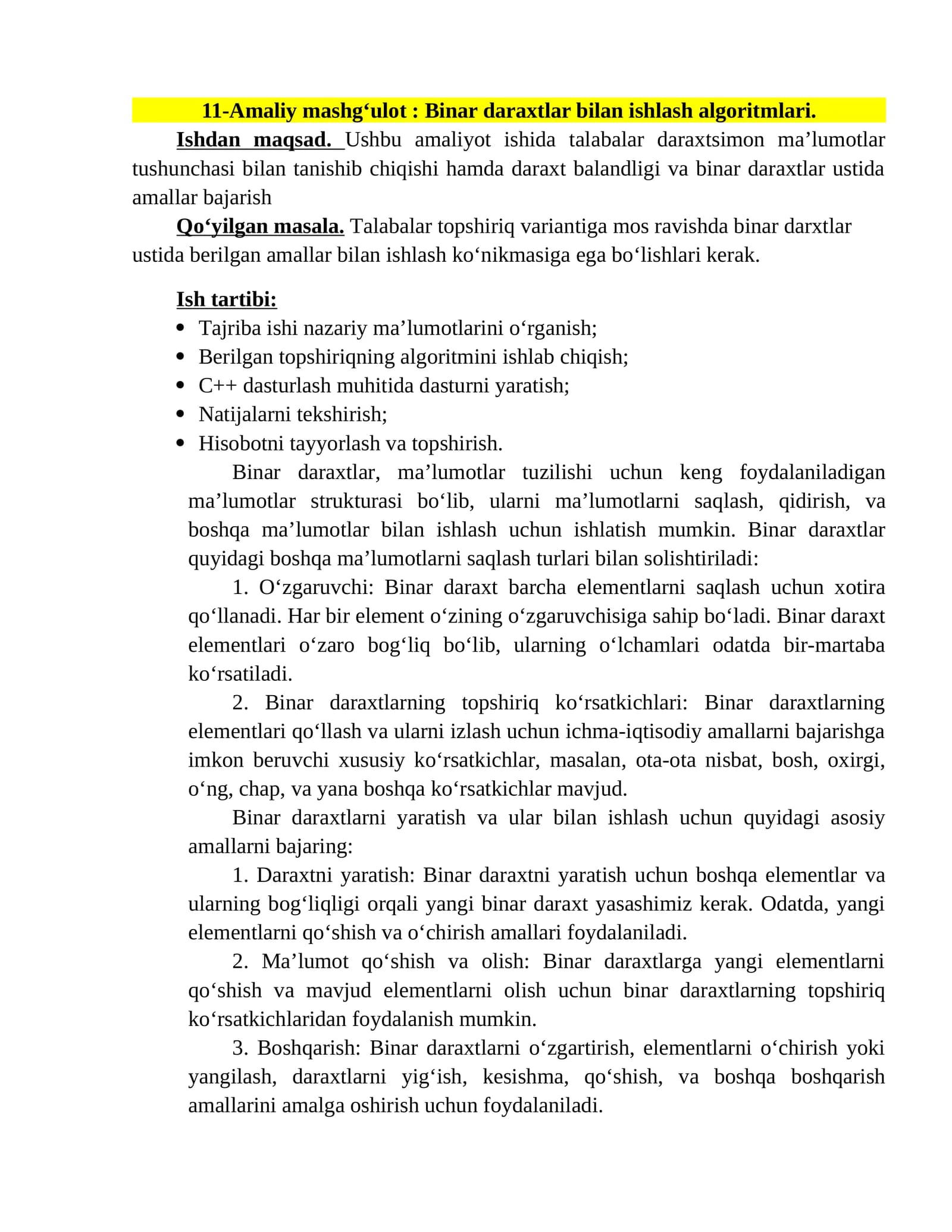 Malumotlar tuzilmasi va algoritmlash fanidan amaliy ishlar