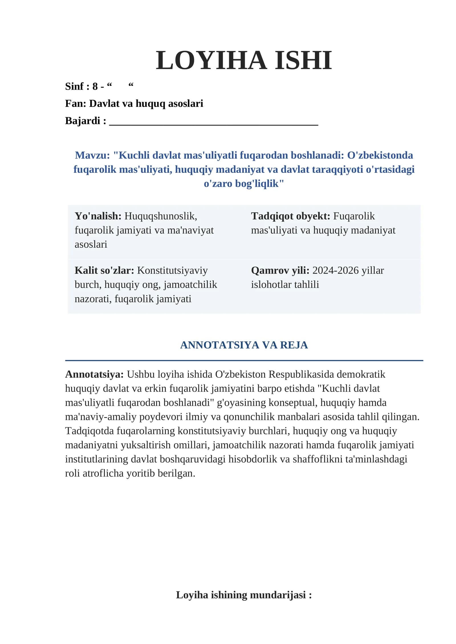 "Kuchli davlat mas'uliyatli fuqarodan boshlanadi: O'zbekistonda fuqarolik mas'uliyati, huquqiy madaniyat va davlat taraqqiyoti o'rtasidagi o'zaro bog'liqlik"