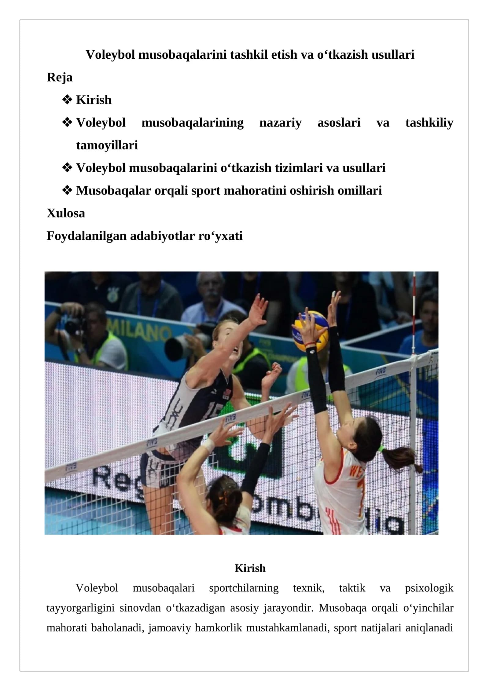 Voleybol musobaqalarini tashkil etish va o‘tkazish usullari