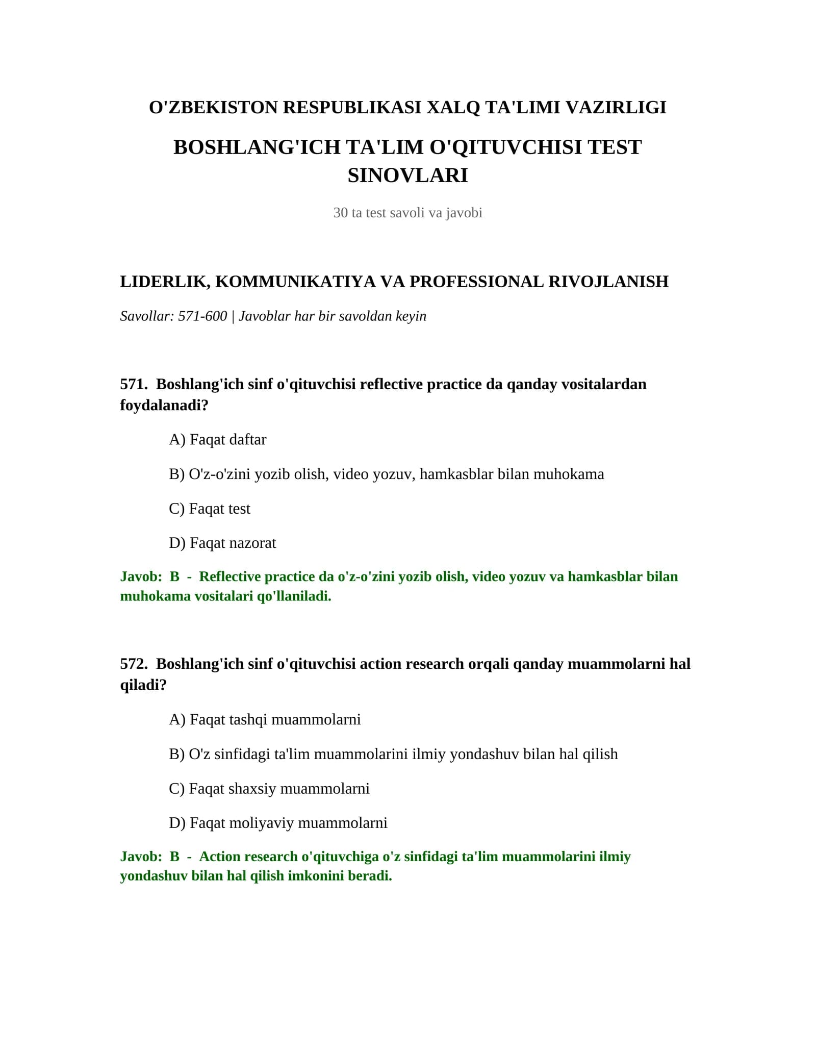 BOSHLANG'ICH TA'LIM O'QITUVCHISI TEST SINOVLARI