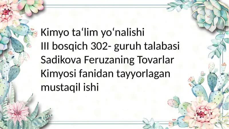Maishiy kimyo tovarlarining TIFTNasosida tasniflanishi