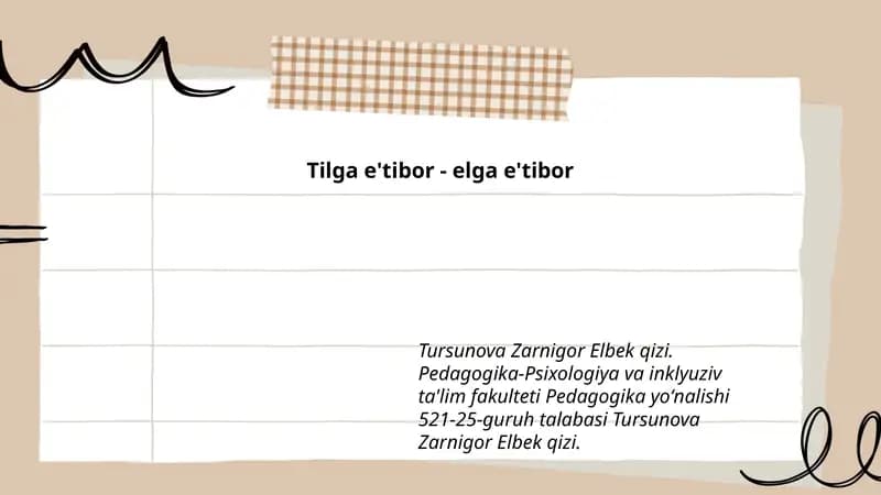Pedagogika-Psixologiya va inklyuziv ta'lim fakulteti Pedagogika yoʻnalishi 521-25-guruh talabasi
