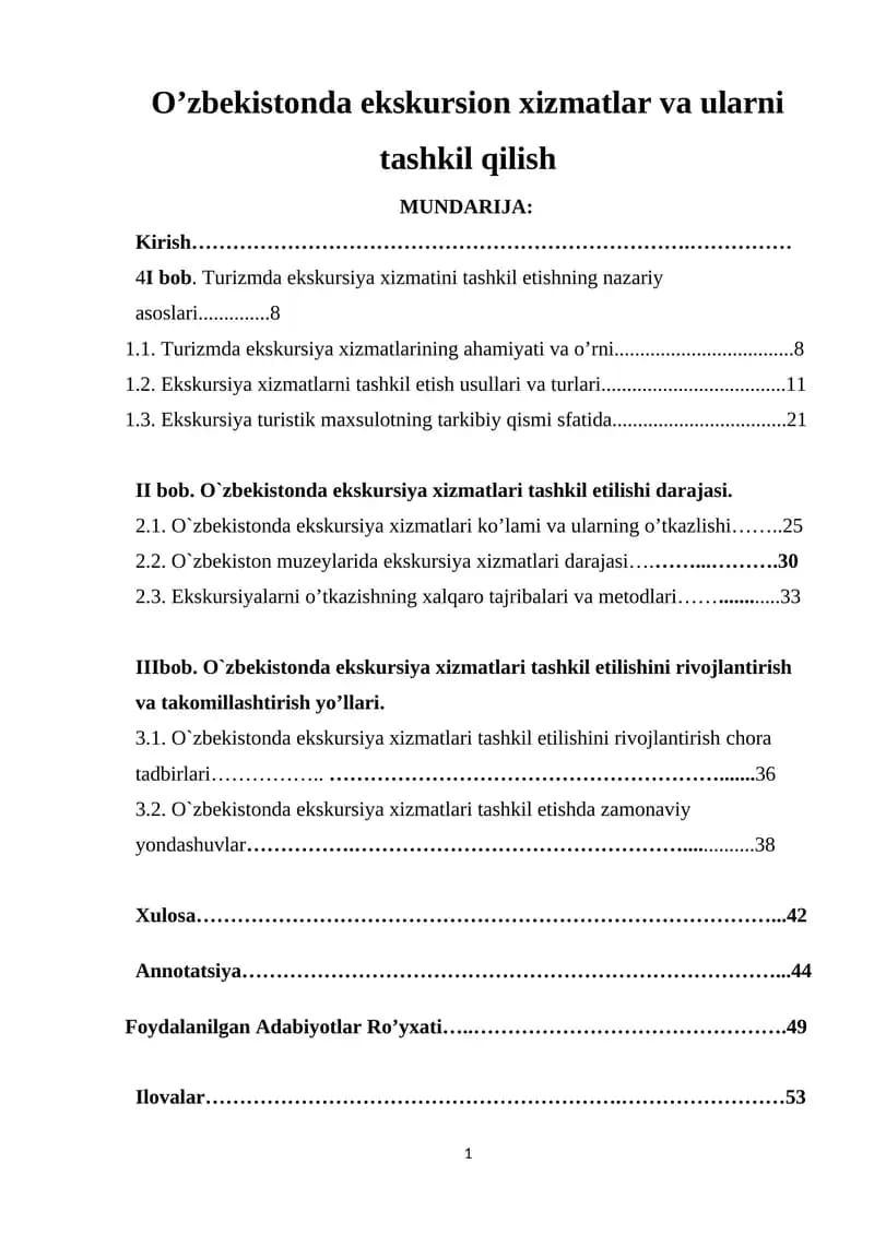 O'zbekistonda ekskursion xizmatlar va ularni tashkil qilish
