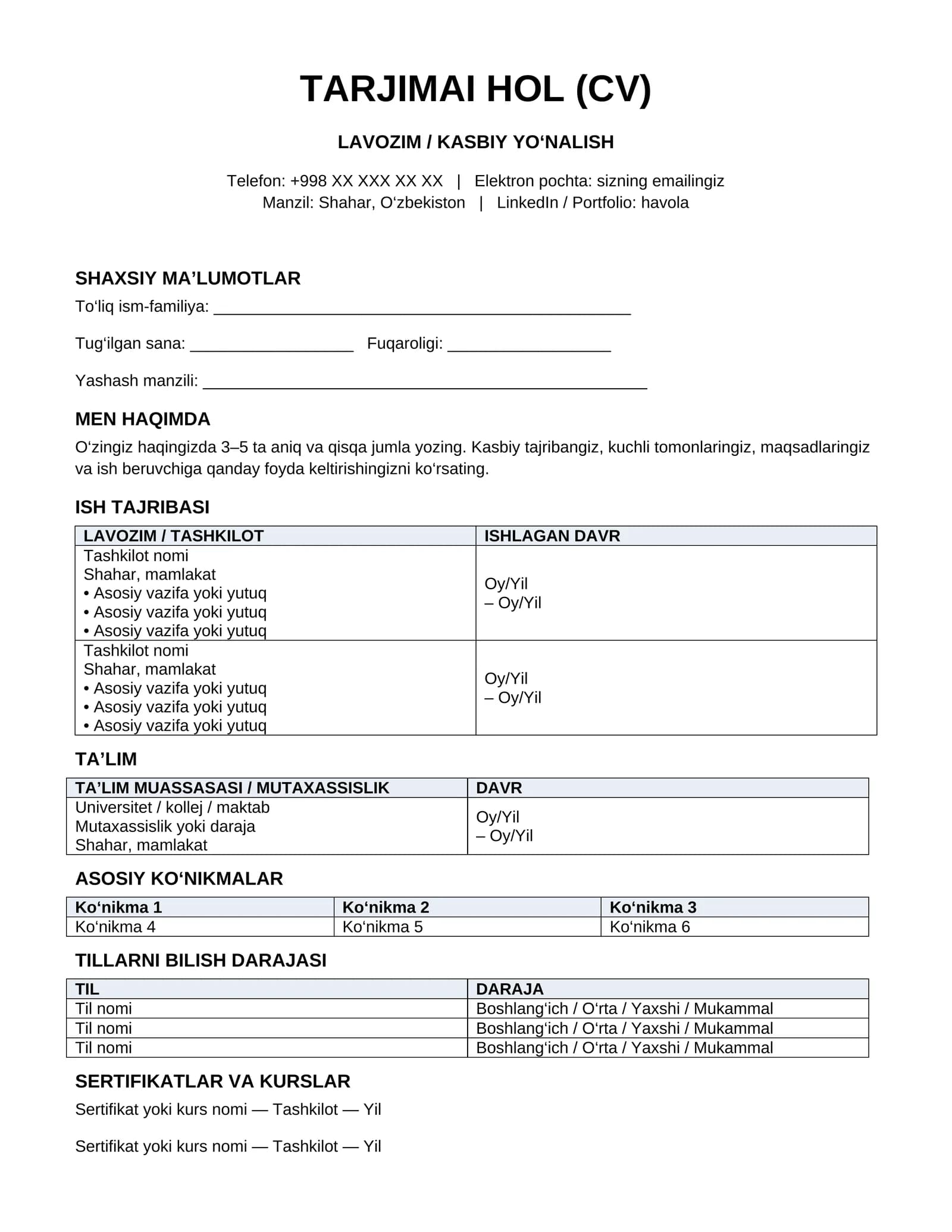 O‘zbek tilidagi zamonaviy CV va rezyume shabloni — Word formatida