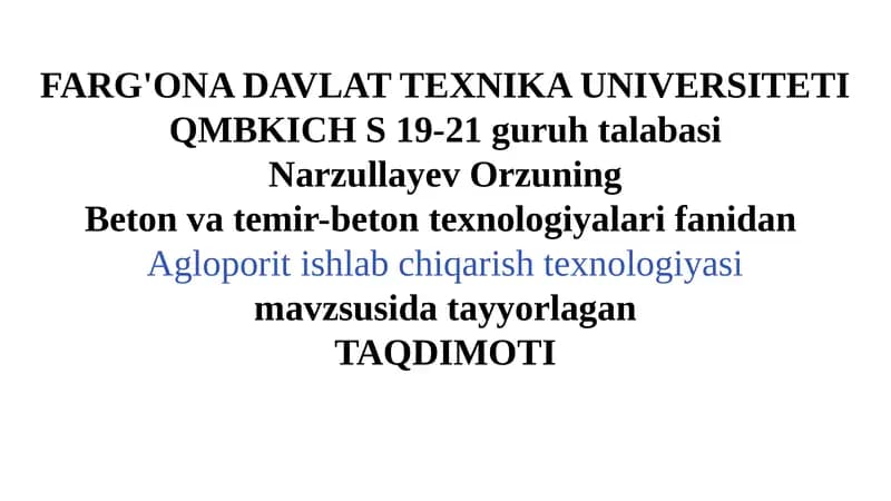 Agloporit Ishlab Chiqarish Texnologiyasi