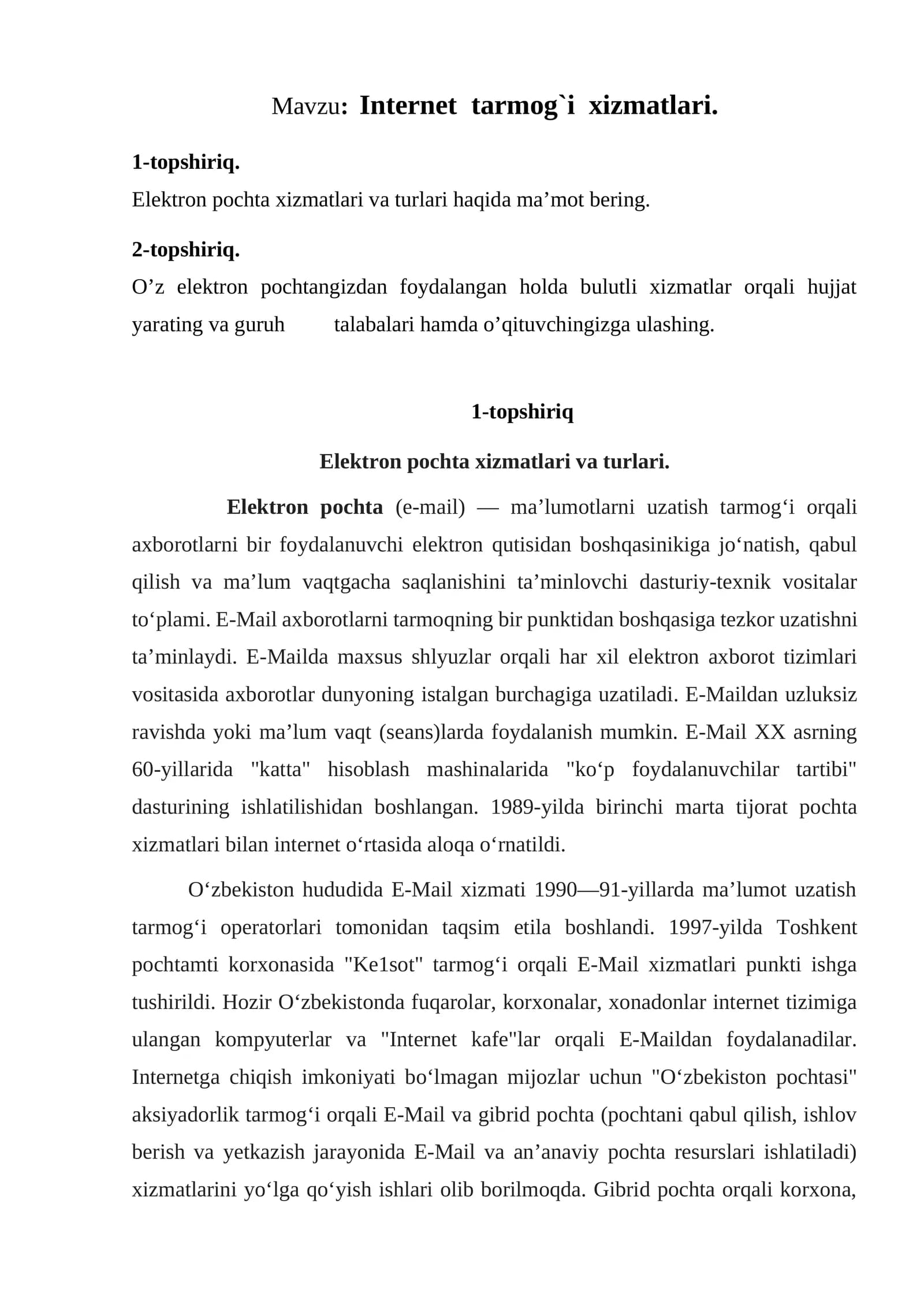 Internet  tarmog`i  xizmatlari