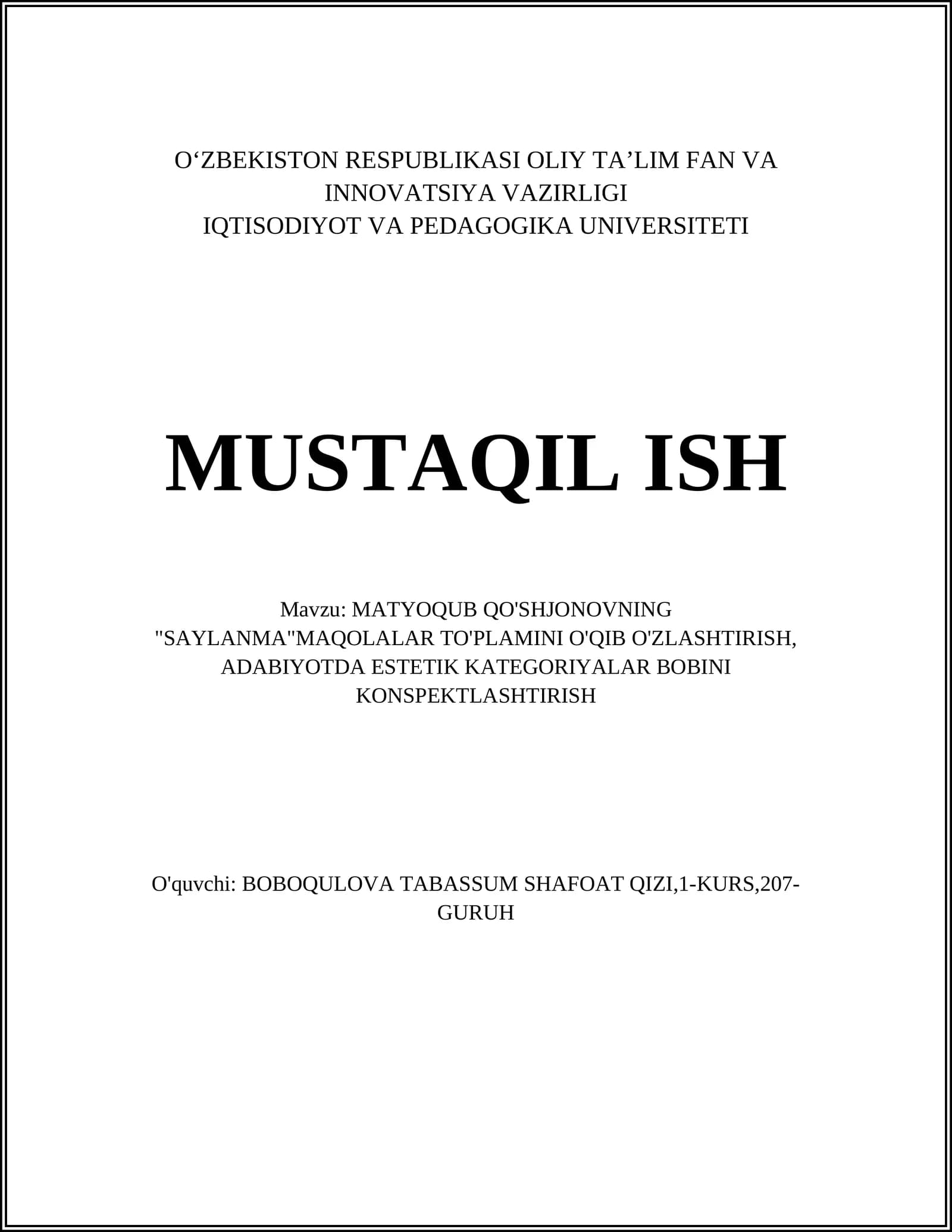 MATYOQUB QO'SHJONOVNING "SAYLANMA" MAQOLALAR TO'PLAMINI O'QIB O'ZLASHTIRISH