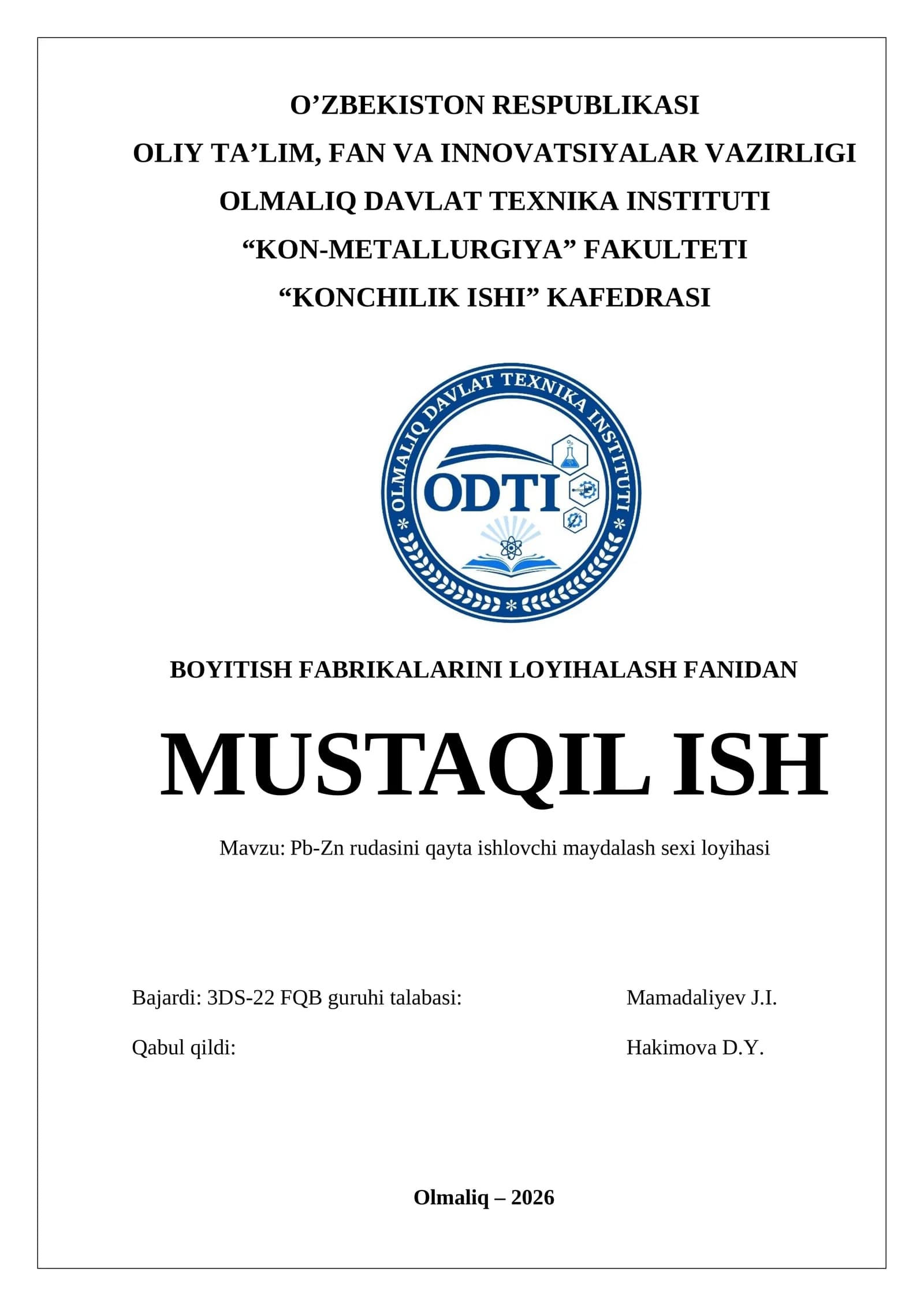 Pb-Zn rudasini qayta ishlovchi maydalash sexi loyihasi