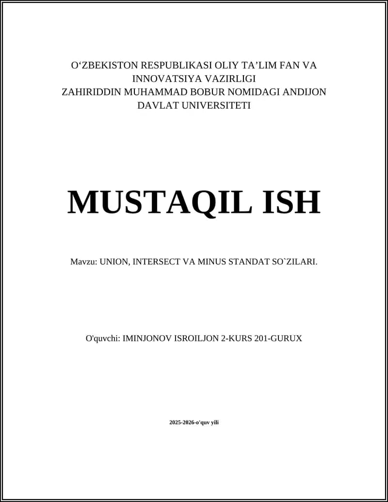 UNION, INTERSECT VA MINUS STANDAT SO`ZILARI