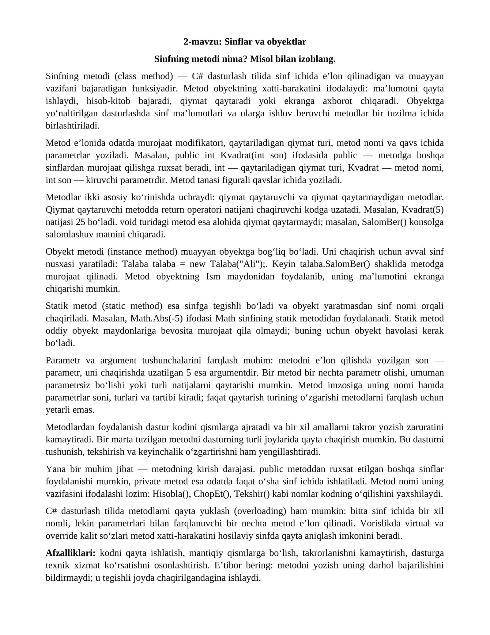 2-mavzu: Sinflar va obyektlar