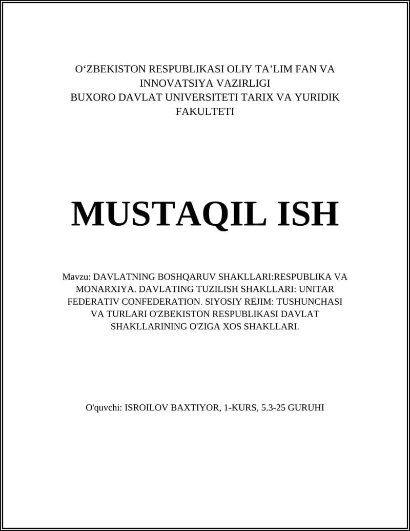 DAVLATNING BOSHQARUV SHAKLLARI: RESPUBLIKA VA MONARXIYA