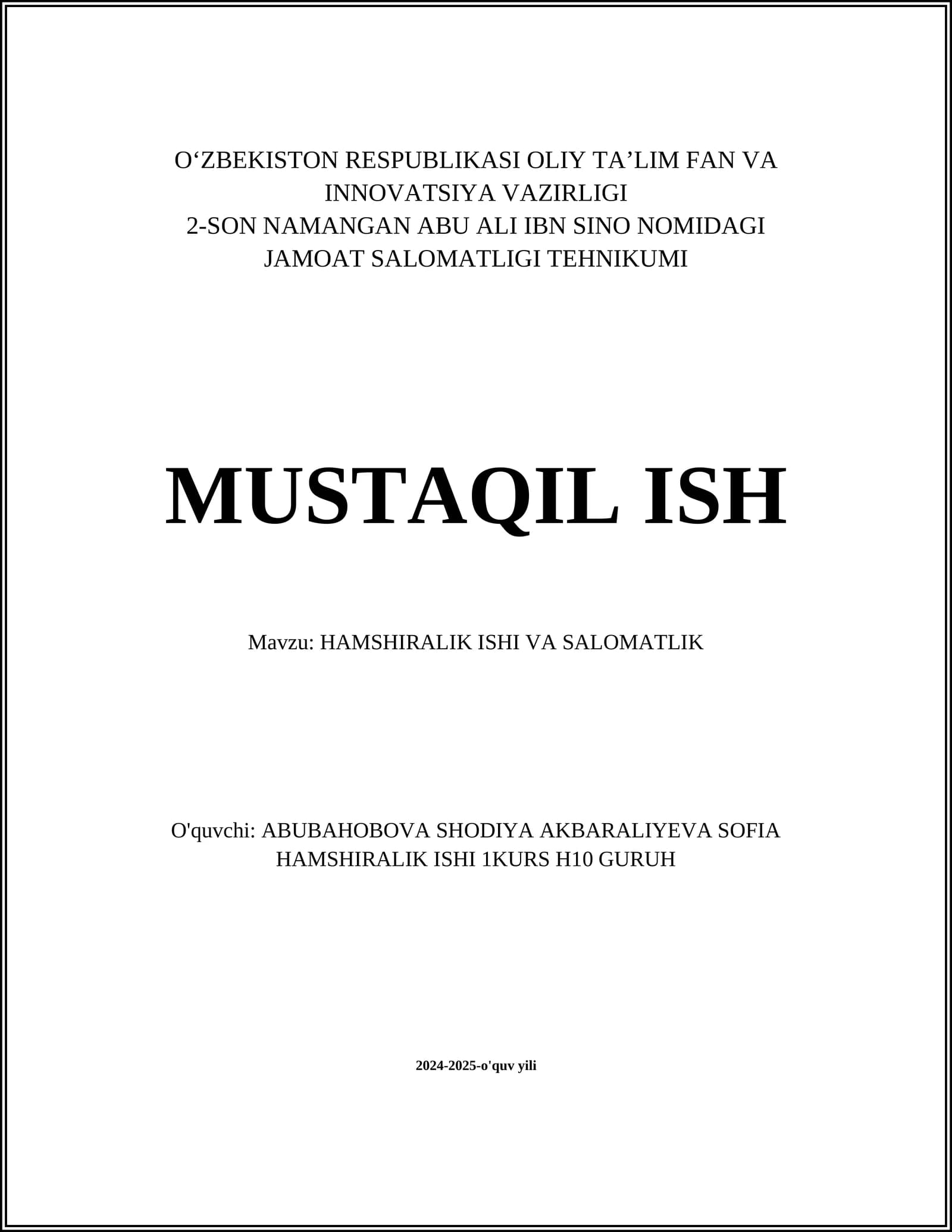 HAMSHIRALIK ISHI VA SALOMATLIK