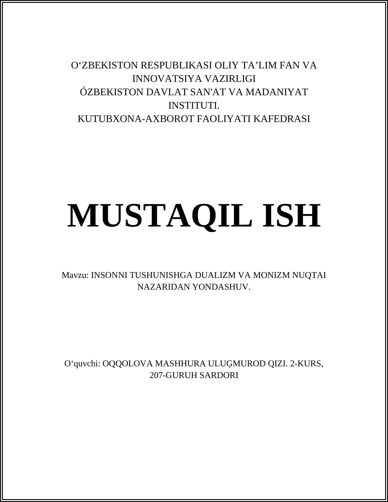 INSONNI TUSHUNISHGA DUALIZM VA MONIZM NUQTAI NAZARIDAN YONDASHUV