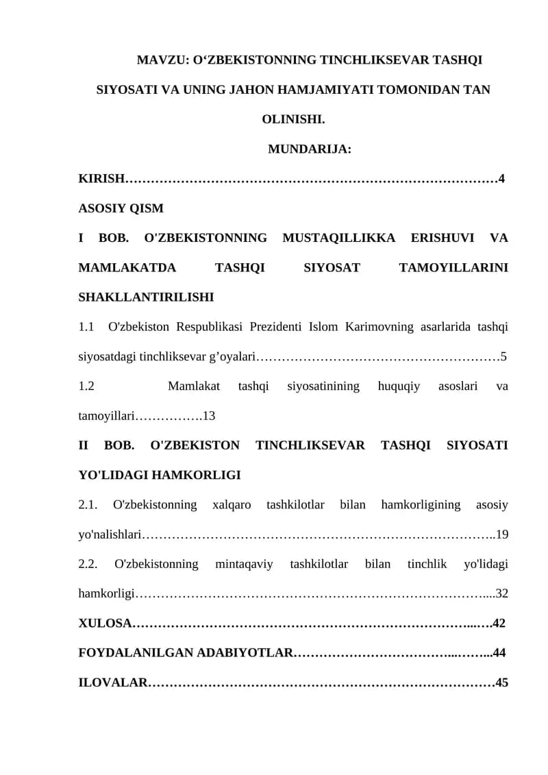 : O‘ZBEKISTONNING TINCHLIKSEVAR TASHQI SIYOSATI VA UNING JAHON HAMJAMIYATI TOMONIDAN TAN OLINISHI.