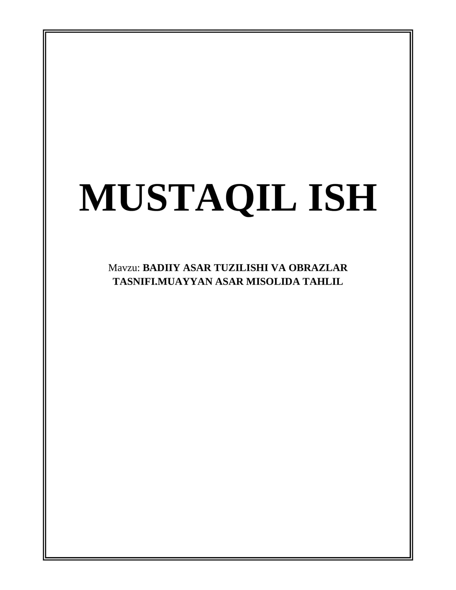 BADIIY ASAR TUZILISHI VA OBRAZLAR TASNIFI