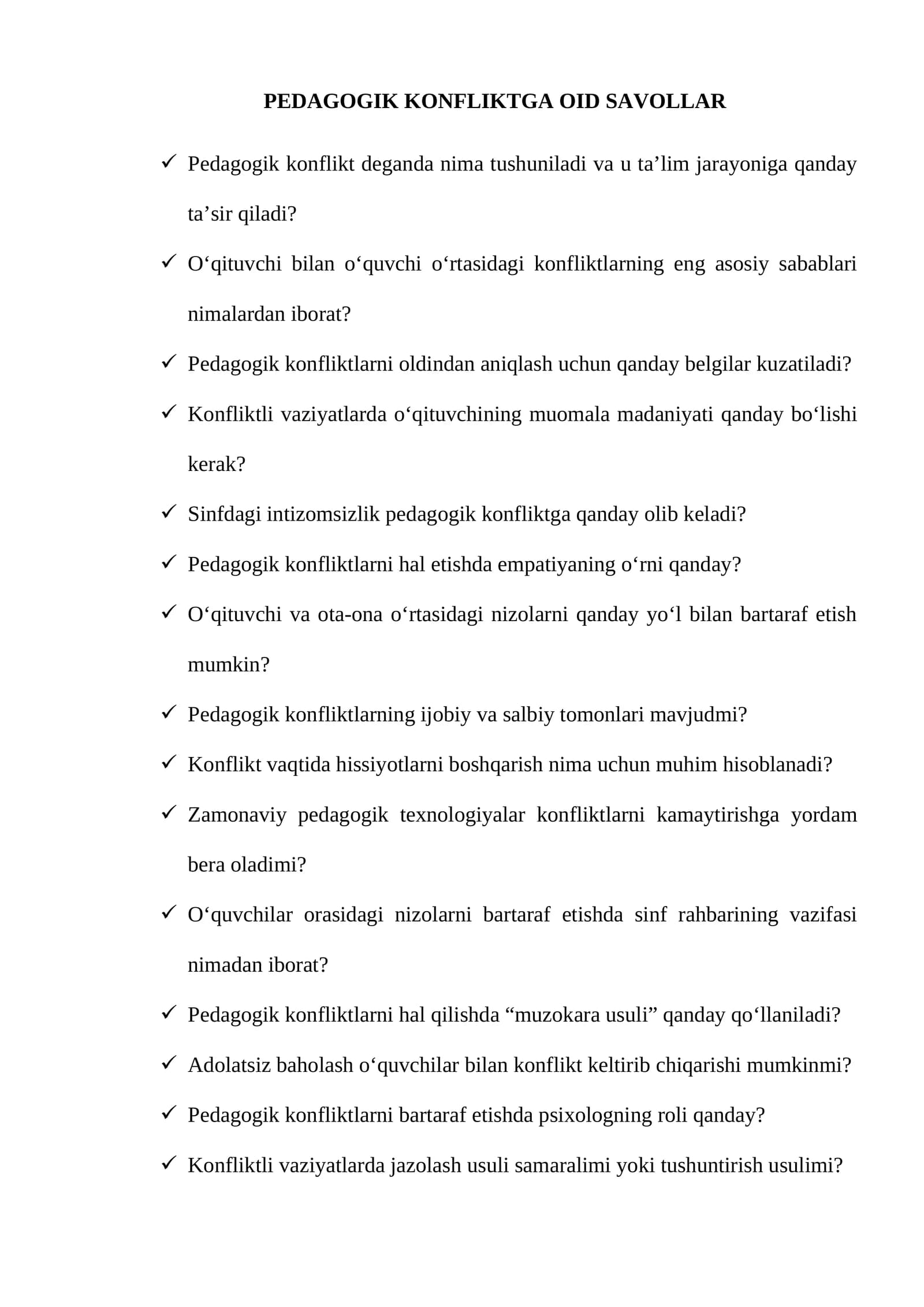 PEDAGOGIK KONFLIKTGA OID SAVOLLAR