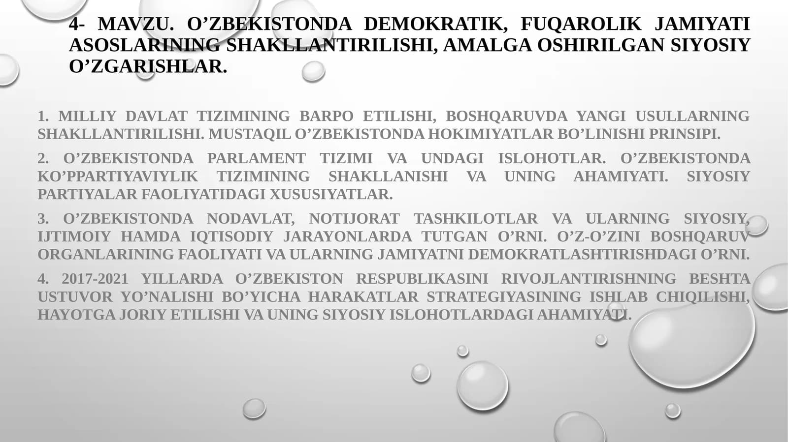 Oʼzbekistondagi demokratik, fuqarolik jamiyati asoslarining shakllantirilishi