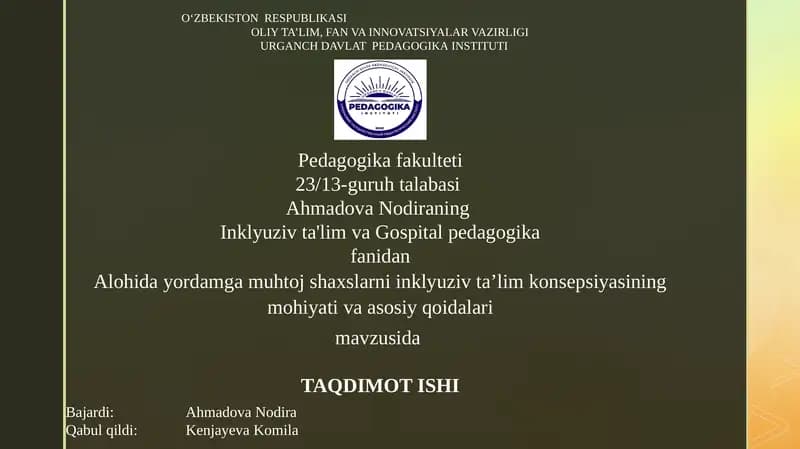 Alohida yordamga muhtoj shaxslarni inklyuziv ta’lim konsepsiyasining mohiyati va asosiy qoidalari