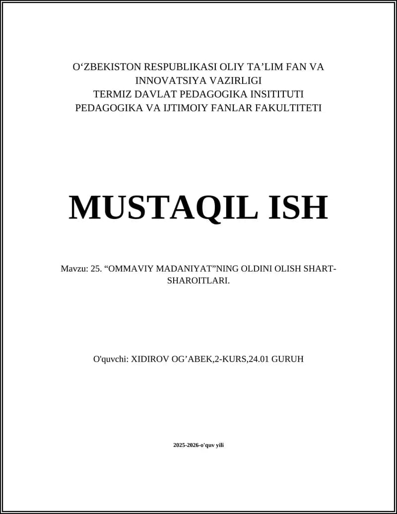 "OMMAVIY MADANIYAT"NING OLDINI OLISH SHART-SHAROITLARI