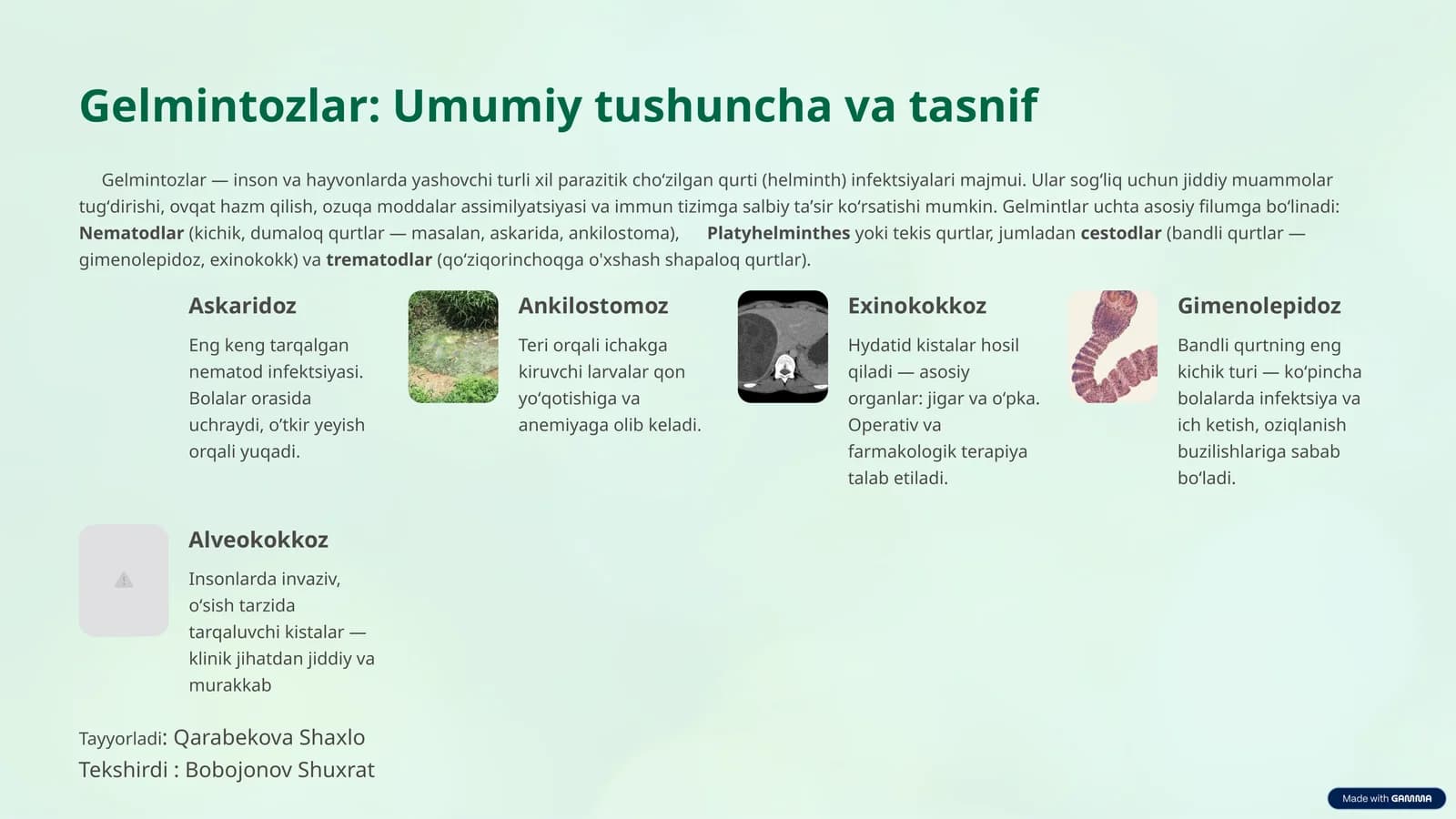 Gelmintozlar: Umumiy tushuncha va tasnif