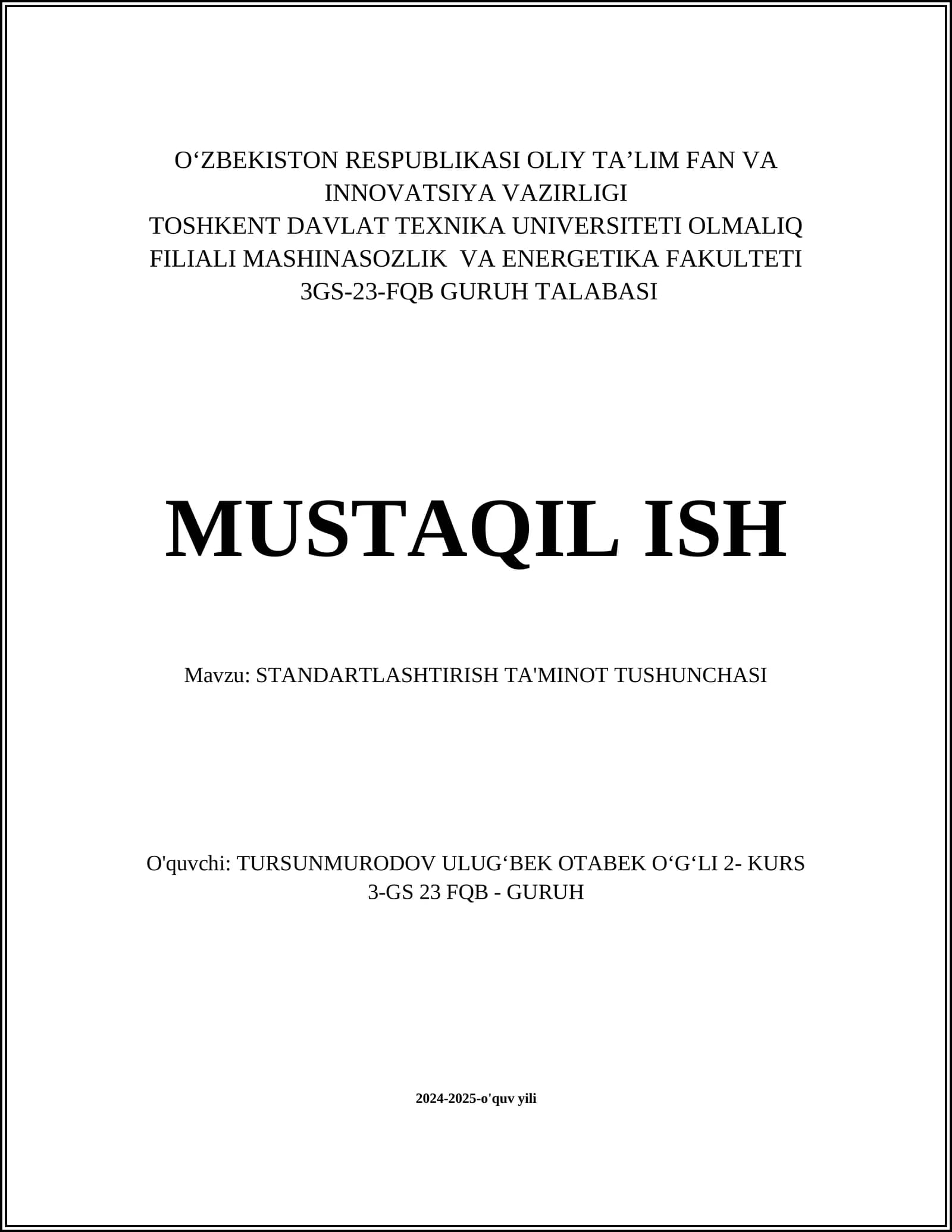 STANDARTLASHTIRISH TA'MINOT TUSHUNCHASI