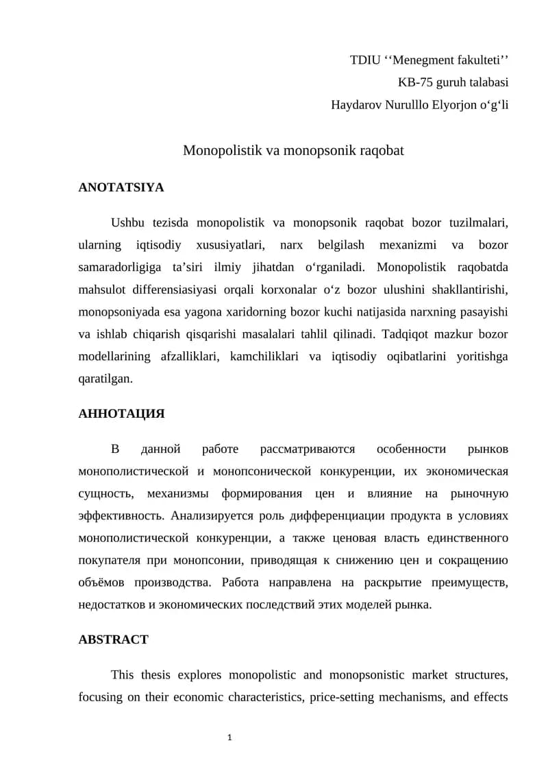 monopolistik va monopsonik raqobat