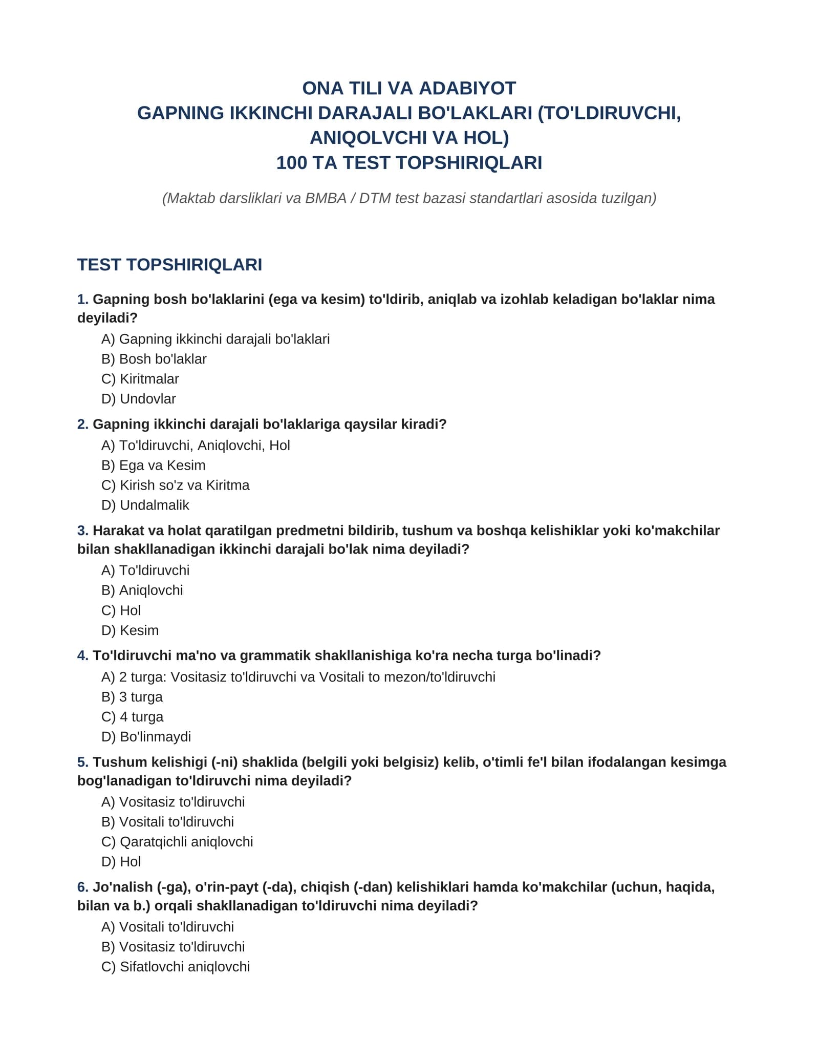 ONA TILI VA ADABIYOT  GAPNING IKKINCHI DARAJALI BO'LAKLARI (TO'LDIRUVCHI,  ANIQOLVCHI VA HOL) 100 TA TEST TOPSHIRIQLARI VA JAVOBLARI