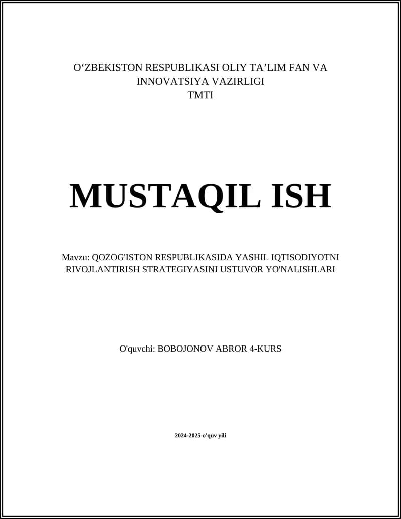 QOZOG'ISTON RESPUBLIKASIDA YASHIL IQTISODIYOTNI RIVOJLANTIRISH STRATEGIYASINI USTUVOR YO'NALISHLARI